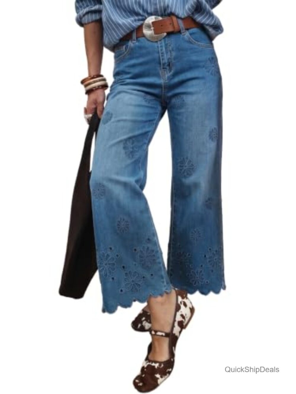 Straight Leg Floral Embroidered High Rise Jeans Ruffled Hem